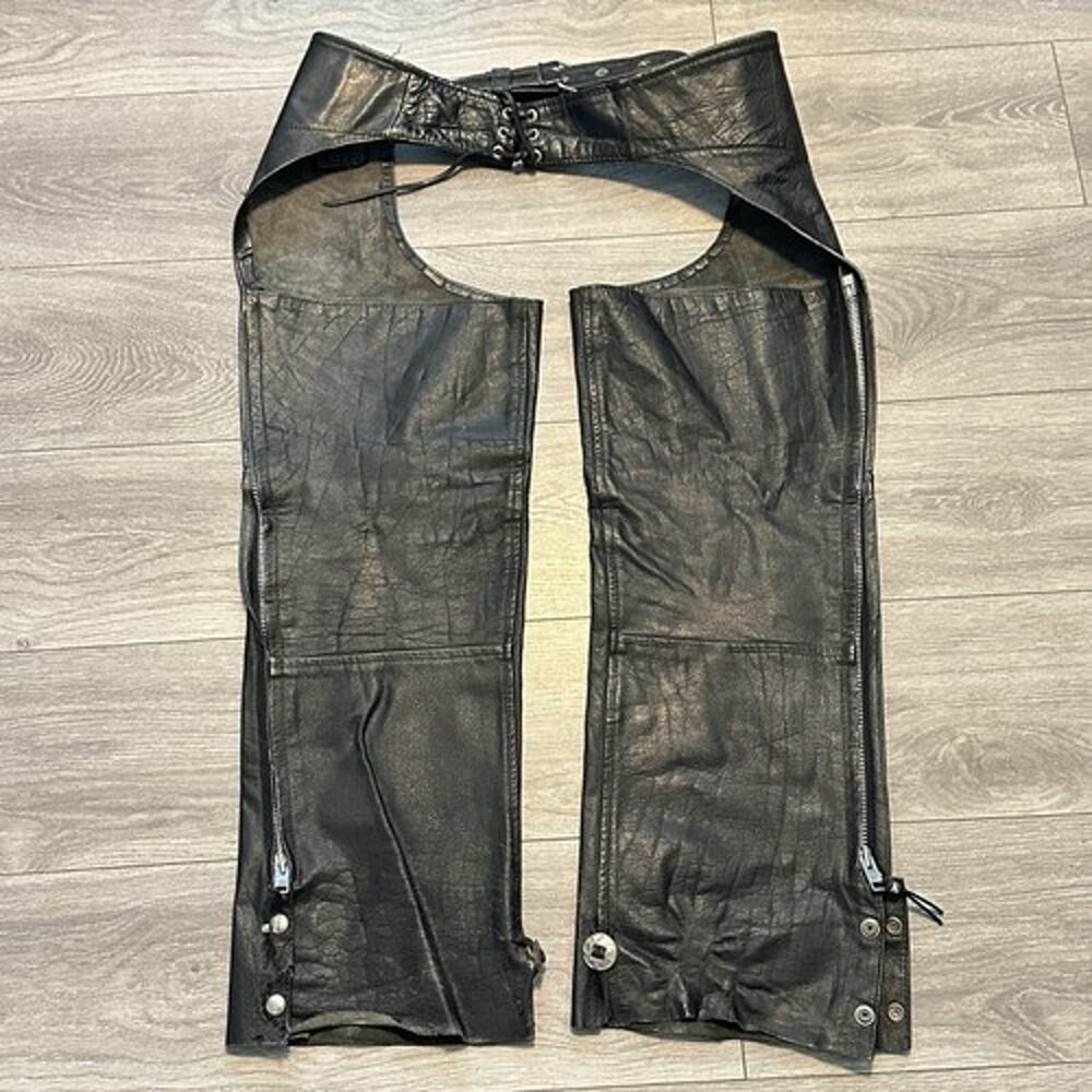 PROTECH Biker Motorcycle Chaps L Black Leather Side Zipper Conchos Buckle Lace